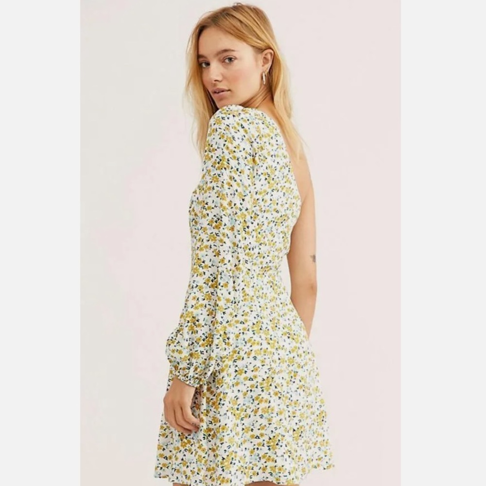 Free People Jules Mini Dress Asymmetrical One Shoulder Floral Yellow and white
